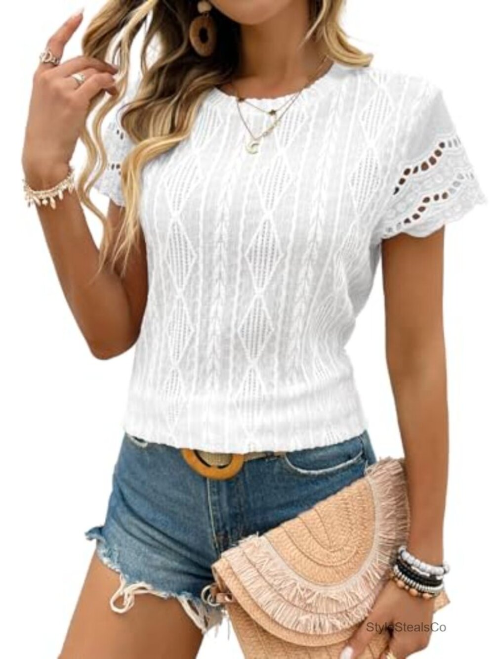 Sixstar Women's Mesh Lace See Through T-Shirt Short Sleeve Lightweight Knit Top